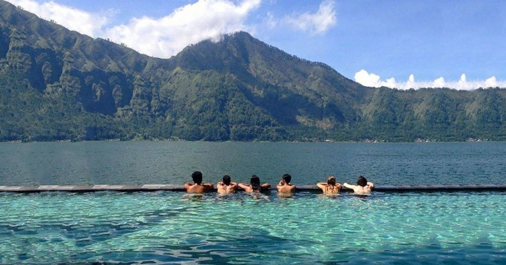 Bali batur natural hot spring with volcano views